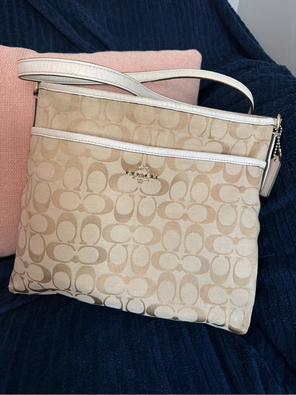 Coach Signature Canvas Crossbody in Beige and White Trim. F36378